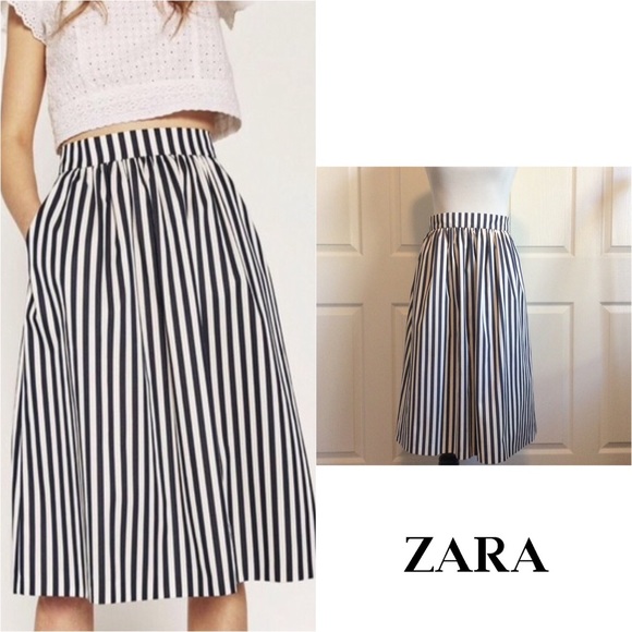 Zara Dresses & Skirts - Zara Navy & White Striped Structured Midi Skirt